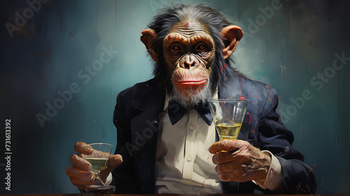 portrait of a zany chimpanzee with a cocktail