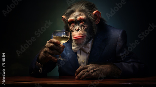 portrait of a zany chimpanzee with a cocktail