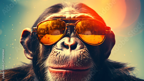 Close-up selfie portrait of a zany chimpanzee wearing sunglasses