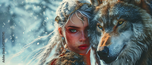Fantasy portrait of a beautiful Scandinavian woman with a huge wolf, ethnic character concept for a video game