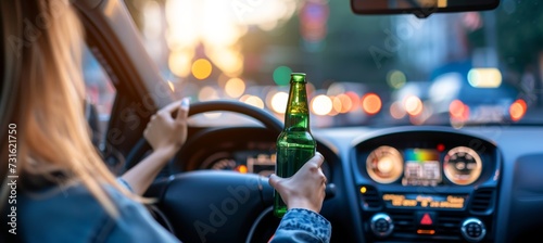 Reckless drunk driving woman operating vehicle under influence with beer bottle, copy space