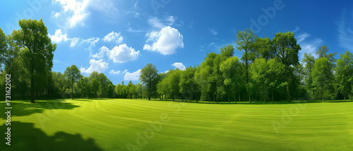 Vibrant Green Landscape under Blue Sky with Fluffy Clouds - A Peaceful Day in the Park with Lush Trees