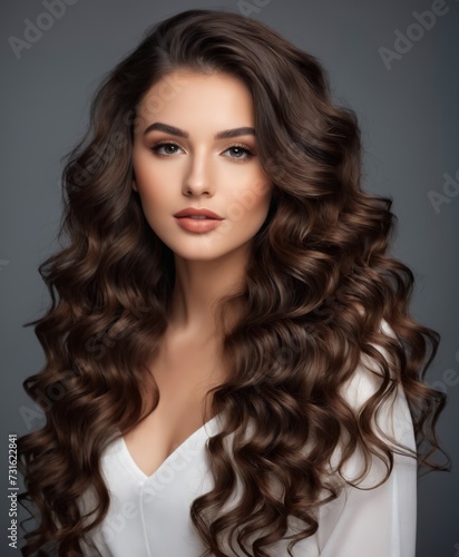 Brunette girl with long and shiny wavy hair. Advertise ready for hair products
