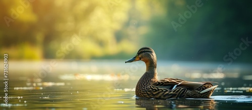 A waterfowl bird with feathers is peacefully swimming in the natural landscape of a sunny lake, using its beak to navigate the liquid fluid.