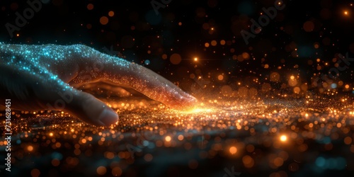 A Human Hand Interacts with a Swirling Galaxy of Digital Particles, Symbolizing Connection and Innovation, Generative AI