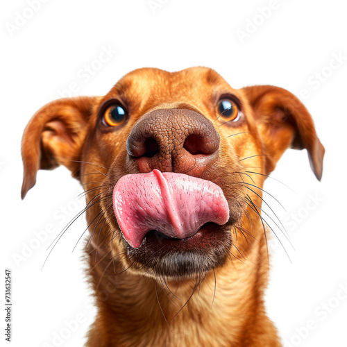 Hungry dog is licking lips face portrait Isolated on transparent background, PNG