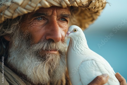 Old man with a white dove on the sea background.