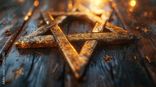 Golden Star of David on a Wooden Table Generative AI