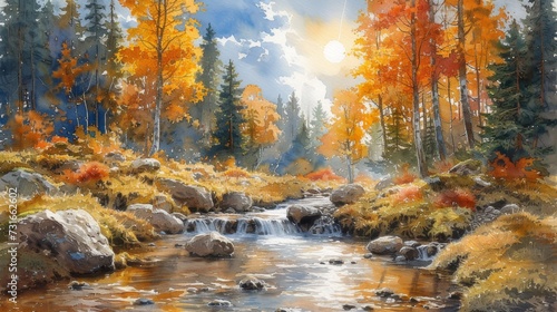 A beautiful forest landscape with a river as a digital illustration