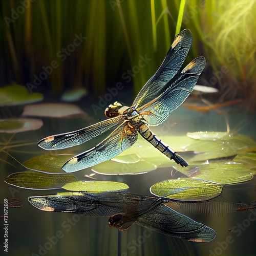AI-generated illustration of a dragonfly over a pond