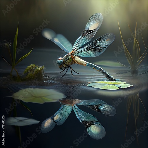 AI-generated illustration of a blue dragonfly over a pond reflected in the water
