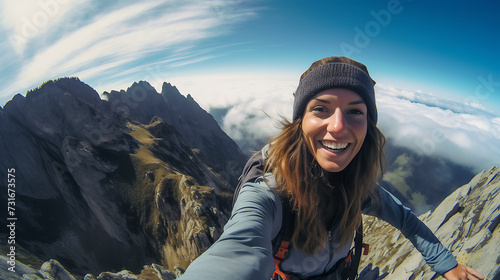 A female tourist happily takes a selfie of herself.