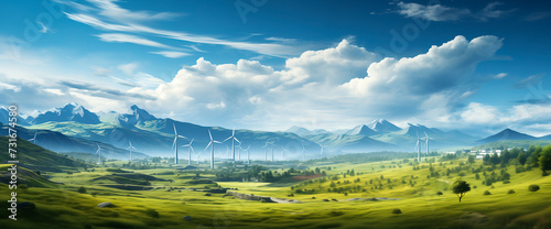 A picturesque field with wind turbines capturing sustainable energy. Clean energy, natural beauty come together.