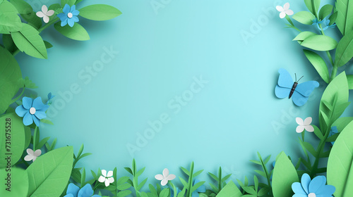 Paper cut border from green leaves and blue flowers and butterfly on a blue background. Copy space. Template.