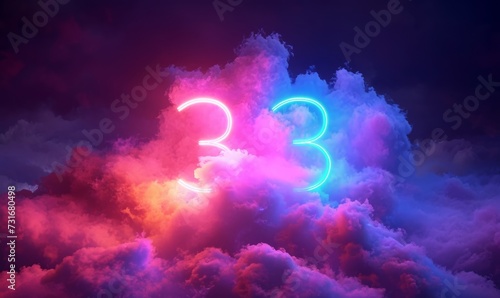 3d render, neon linear number three and colorful cloud glowing with pink blue neon light, abstract fantasy background, Generative AI