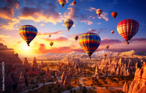 Scenic sunset view with colorful hot air balloons over Cappadocia landscapes
