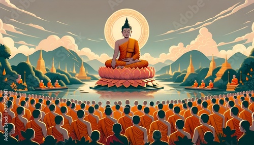 Illustration for magha puja day with buddha sitting on a lotus flower and buddhist monks in orange robes.