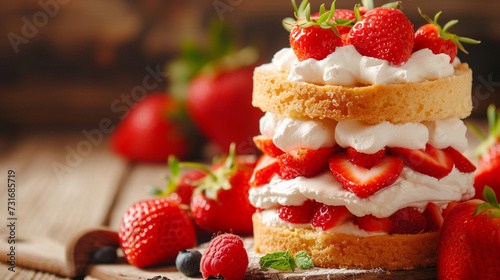 A luscious strawberry shortcake with layers of sponge, whipped cream, and fresh berries, exuding freshness and sweetness