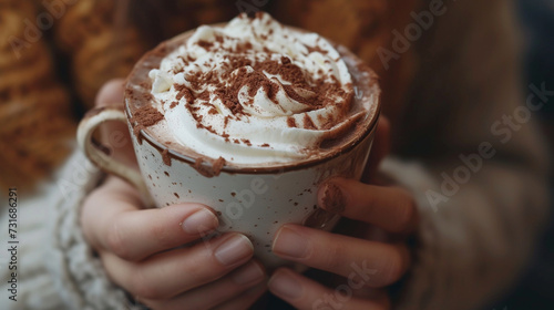 A person sipping on a rich and velvety hot chocolate, with swirls of whipped cream and cocoa powder on top, perfect for a cozy moment