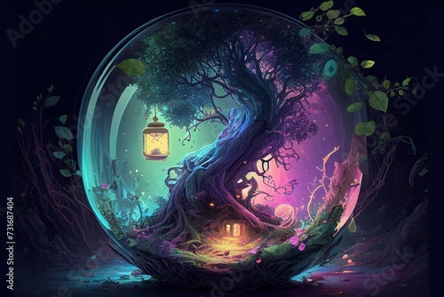 An idyllic treehouse lit up in the dark of night and encased in a glass dome - AI generated