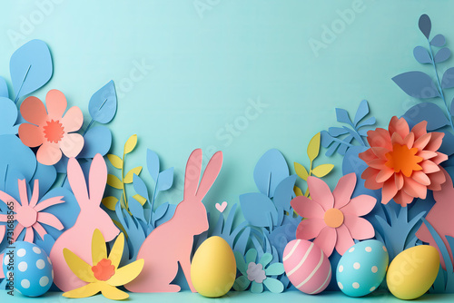  paper cut style easter greeting card border frame with bunny, flowers and eggs. bold colorful colors