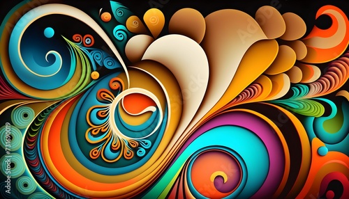 an art piece of colorful swirls and circles on black