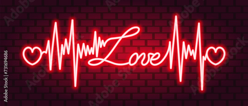 Love. The text is decorated with a pulse and hearts. Red neon glow. Color vector illustration. Isolated red brick background. Broken zigzag line and romantic italic inscription. Idea for web design