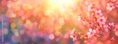 small pink flowers on a tree branch, with natural, colorful bokeh background, horizontal banner, copy space for text, nature and spring equinox concept 
