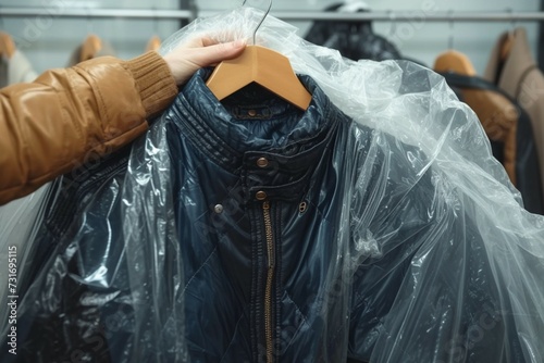 Dry cleaning elegance Woman retrieves jacket in plastic bag, closeup indoors