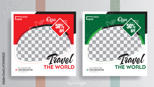 Travel agency social media template design, Set of three travel adventure social media pack template premium vector, Traveling and holiday tour vacation for instant or social media post banner ads.