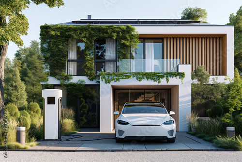 A white electric car is charging with home charging station in front of a sustainability-focused house. With the solar panels on the roof.
