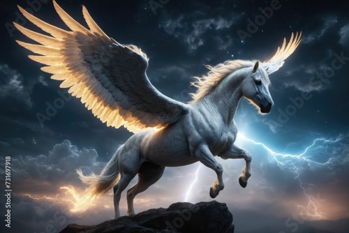 AI generated illustration of A majestic white horse is seen being led through the night sky.