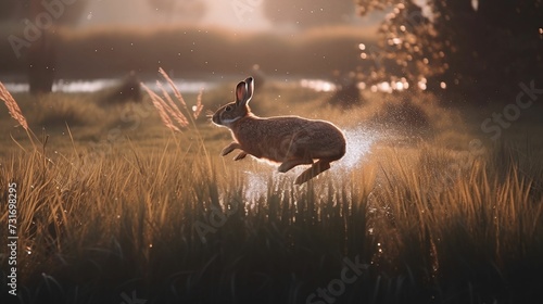 AI generated illustration of A rabbit jumping through a meadow of tall grass