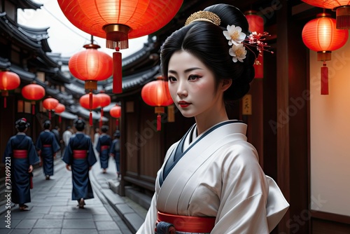 AI-generated illustration of a beautiful geisha pictured in a traditional Japanese city setting