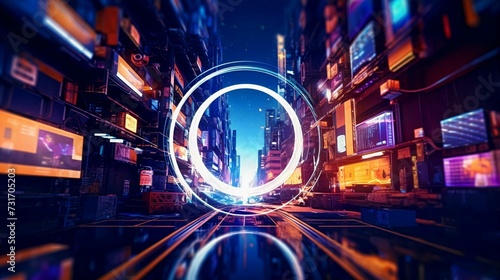 AI generated illustration of a digital loop with a futuristic cityscape and tall buildings at night