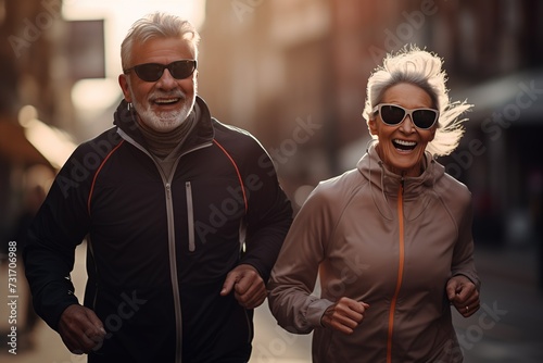 An elderly joyful married couple is jogging along a city street. Gray-haired man and woman doing sports early in the morning or at sunset.