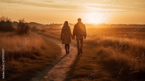 AI generated illustration of a couple enjoying an evening stroll together silhouetted against sunset