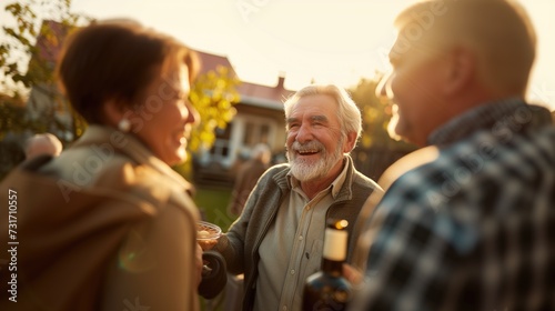 Cheerful senior caucasian elderly retired people neighborhood gathering outdoors talking and smiling together