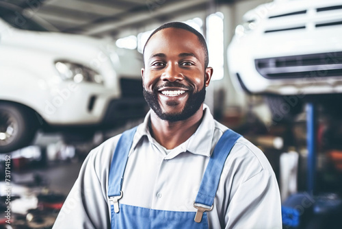 Close up of male car mechanic smiling, successful service, white background isolate.