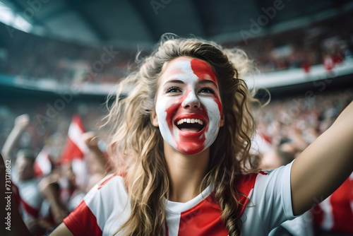 woman soccer fun with painted face of flag Austria in football stadium