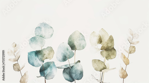 Watercolor eucalyptus branches with round leaves. Floral concept. Aesthetic invitation template. Generative AI