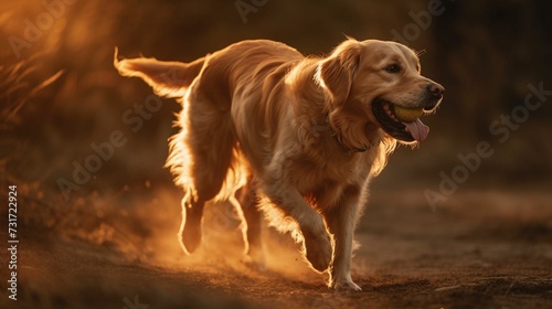 Golden retriever running in the field with a ball in its mouth