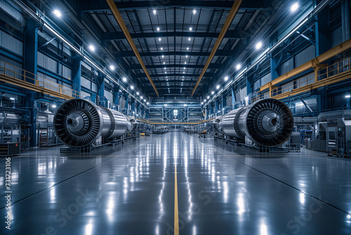 Twin jet engines awaiting assembly or inspection on a clean and modern aerospace factory floor.