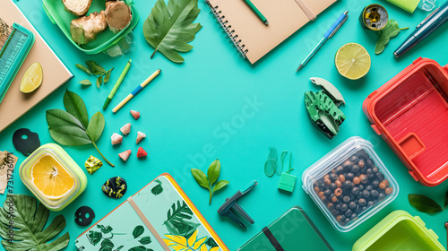 inviting scene featuring a variety of eco-friendly school supplies, including recycled notebooks adorned with nature