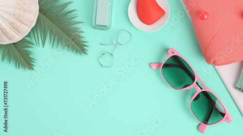 AI generated illustration of sunglasses and vacation supplies on a green background