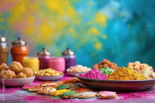 The vibrant array of traditional Holi foods and sweets, set against a festive backdrop, inviting a taste of the celebration