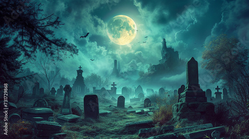 A spooky graveyard with tombstones and a full moon, creating a hauntingly beautiful Halloween night scene