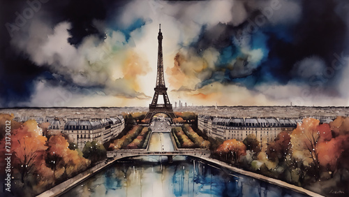 Alcohol ink painting of Paris cityscape 