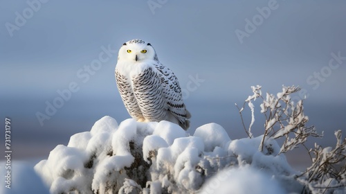 AI generated illustration of an Eastern Screech Owl perched on snow-covered tree