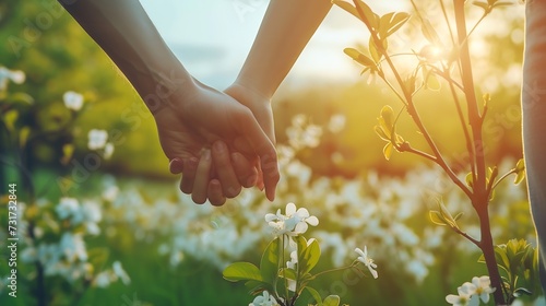 Man and woman holding hands together with love and relationship with green meadow blossom in foreground. Concept of springtime and dating people. Spring travel holiday man and woman en : Generative AI